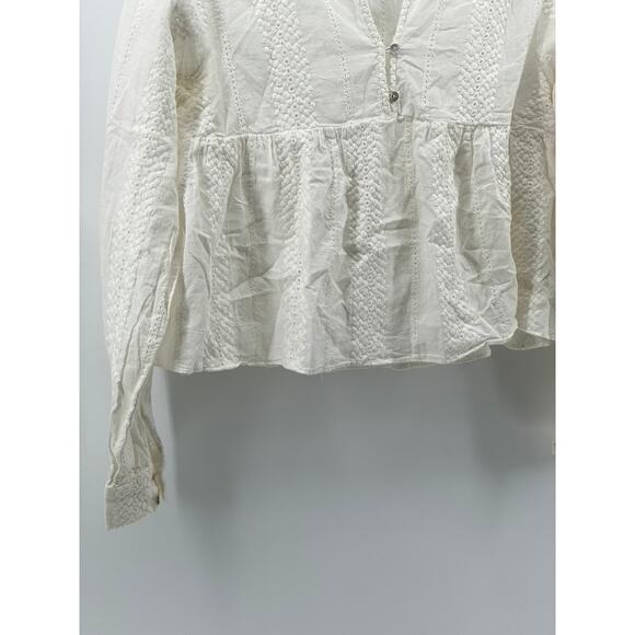 NIC & JO Women's White Embroidered Eyelet V-Neck Long Sleeve Ruffle-Hem Top SZ M - Picture 6 of 9